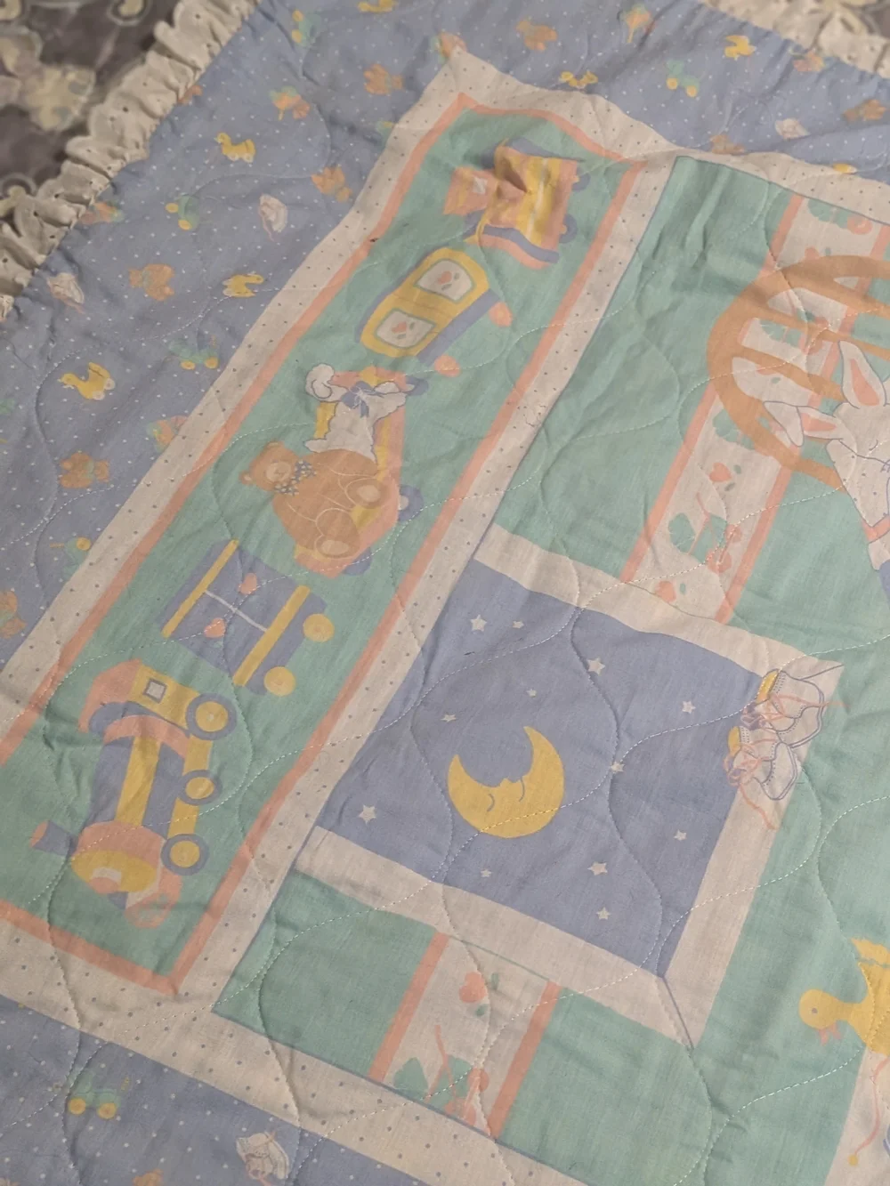 Nursery Baby Blanket - Pastel Blue Bedtime Train & Toys